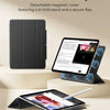 A black magnetic folio case for an iPad Air is shown with a detached cover and a folded screen display.