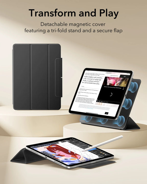 Schwarzes magnetisches Etui für iPad Air mit abgenommenem Cover und gefalteter Bildschirmansicht.