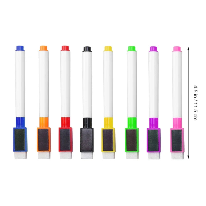 Acht magnetische weerasefbare Whiteboard-Stifte in verschiedenen Farben, darunter blau, orange, rot, schwarz, gelb, grün und 
