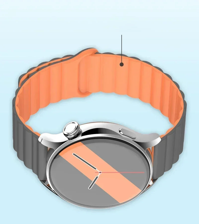 A silver watch with a gray face and orange accents is shown on a black strap.