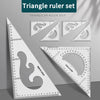 A set of triangular drafting rulers and triangles displayed on a gray background.