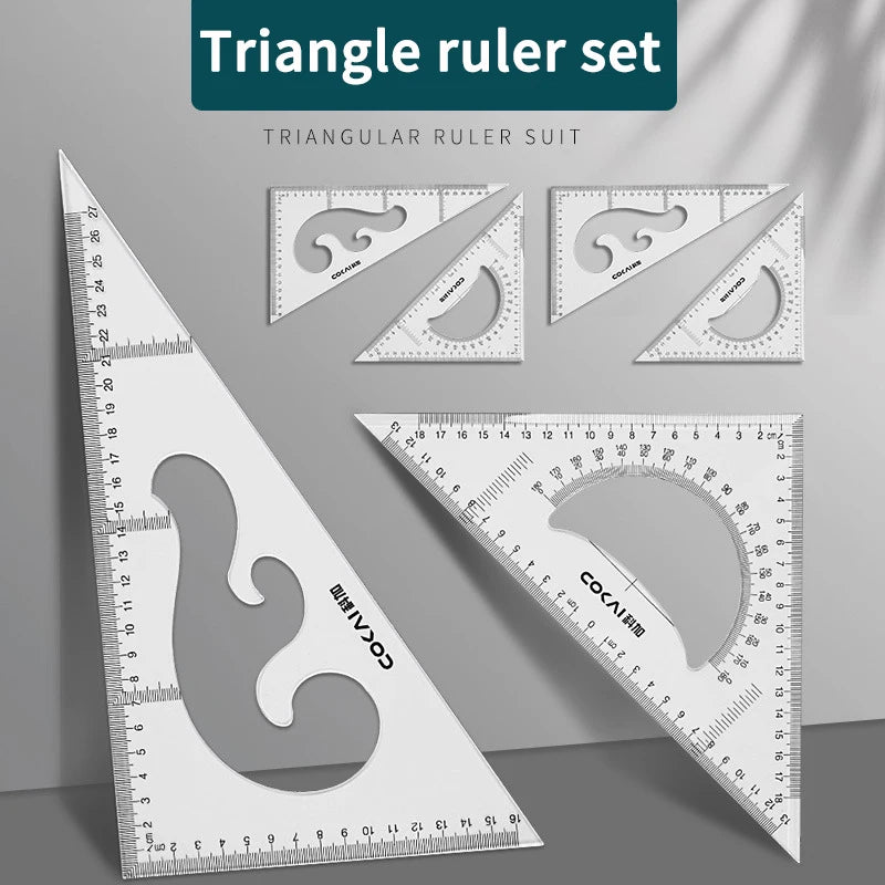 A set of triangular drafting rulers and triangles displayed on a gray background.