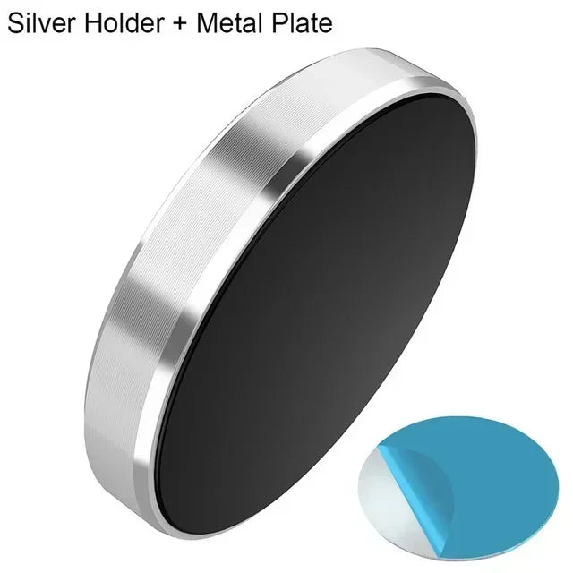 A silver holder with a black metal plate and a blue circular component.