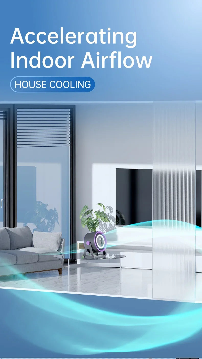 A portable rechargeable desk fan with ambient light is shown in a modern living room setting.