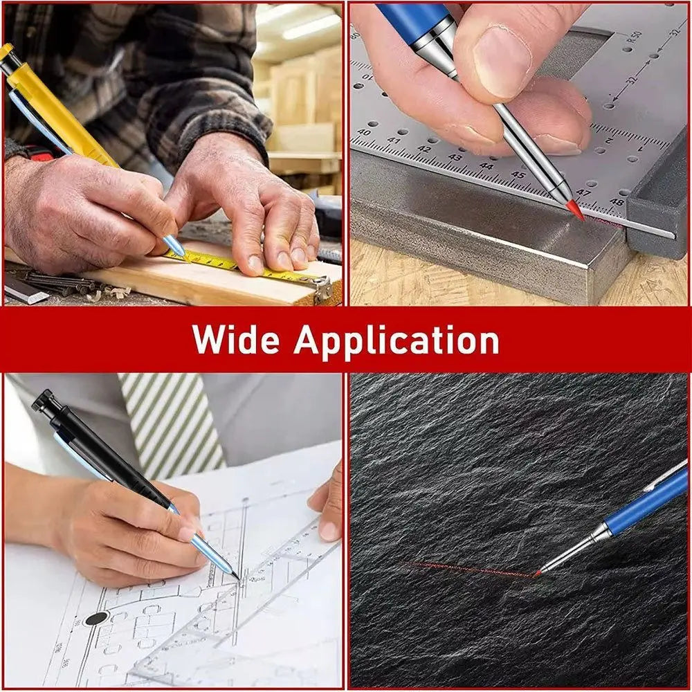A precision mechanical pencil with a sharpener is shown being used for marking on wood and fabric.