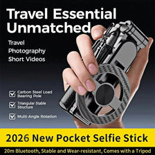 A hand holds a black magnetic selfie stick with a tripod mount and Bluetooth remote for travel photography.