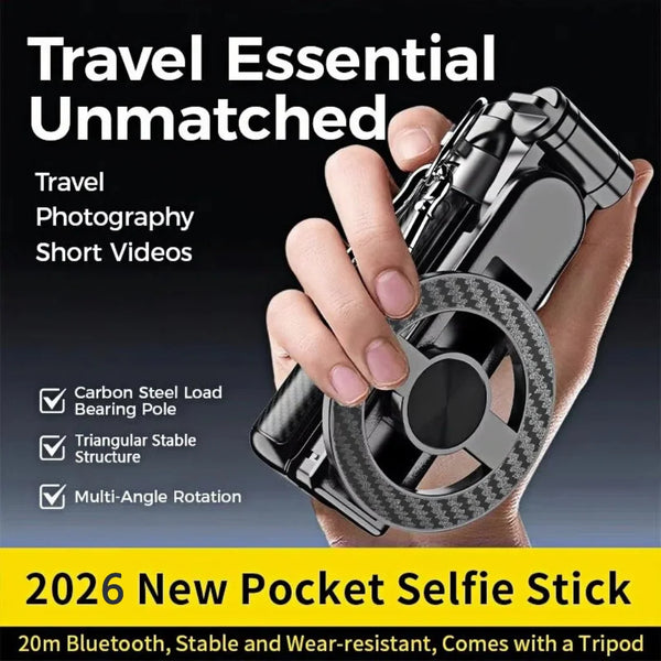 A hand holds a black magnetic selfie stick with a tripod mount and Bluetooth remote for travel photography.