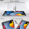 A display shows a shock-resistant tempered glass screen protector being applied to an iPad screen.