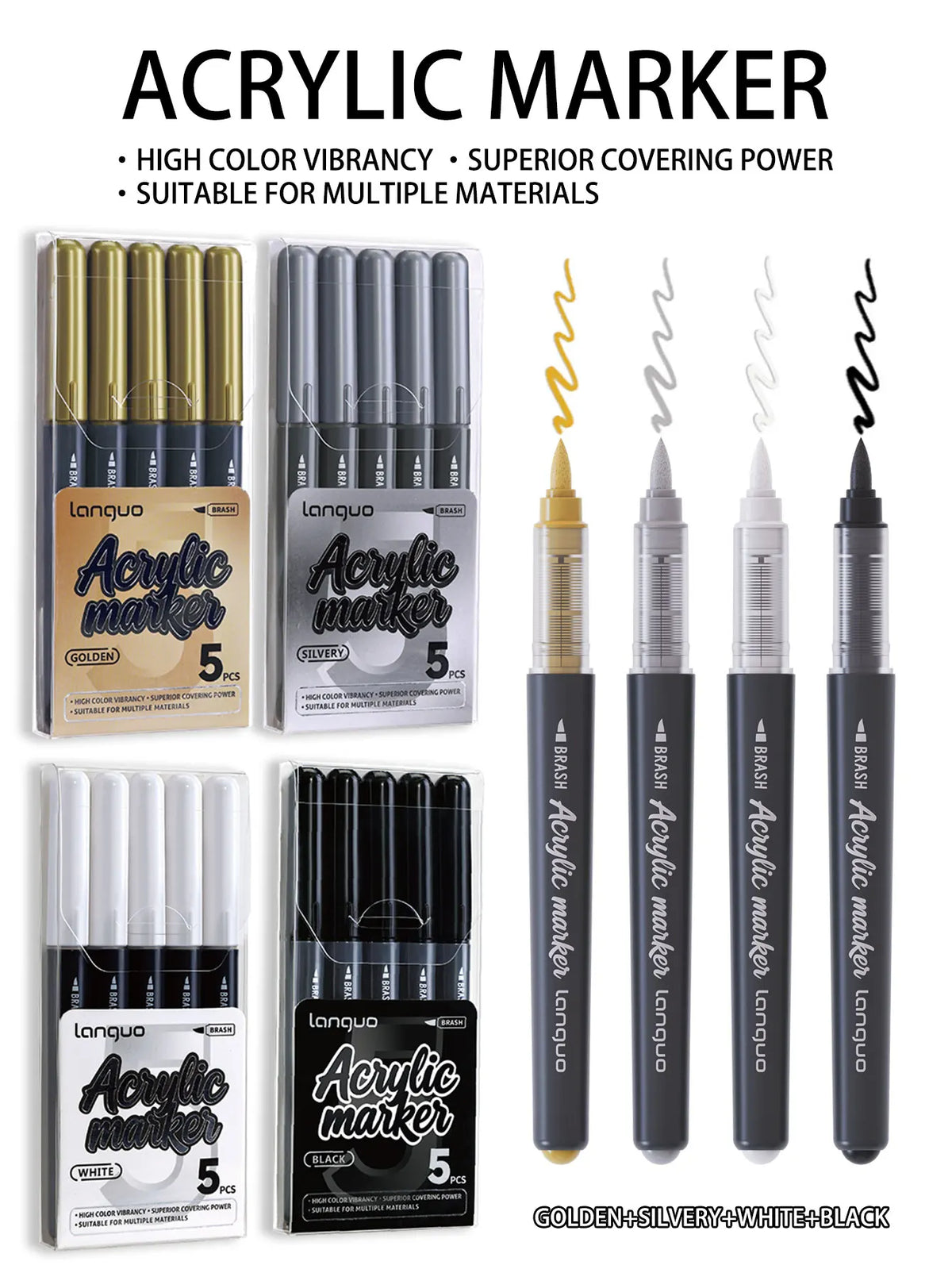 Acrylic marker set featuring gold, silver, white, and black markers for drawing and art
