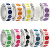 A collection of round dot labels in various colors including blue, orange, green, and purple.