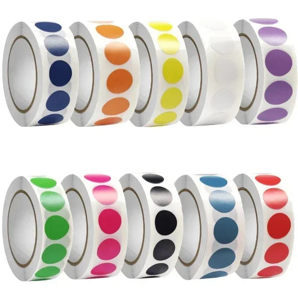A collection of round dot labels in various colors including blue, orange, green, and purple.