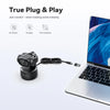 A black plug and play webcam is shown connected to a laptop, demonstrating simple plug and play functionality.
