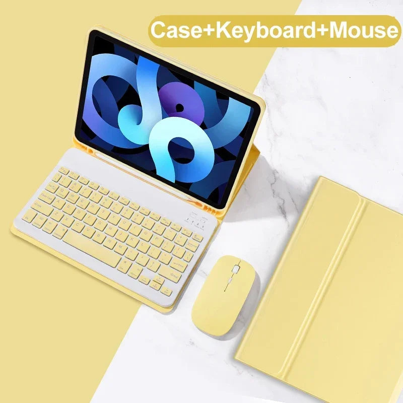 A yellow universal keyboard case for an iPad is shown with a keyboard and mouse on a white marble surface.