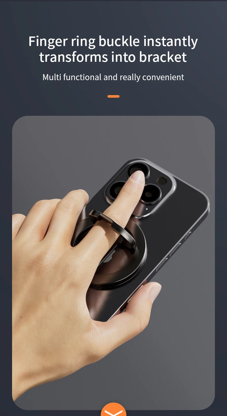 A hand is using a finger ring buckle to instantly transform a phone into a bracket for multi-functional use.