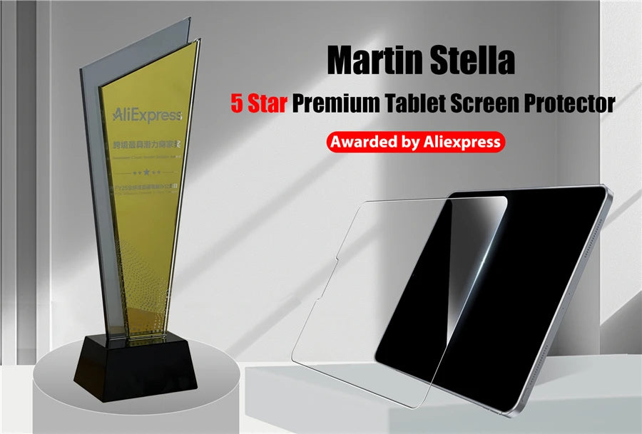 واقي شاشة لوحتي Martin Stella 5 نجوم الممتاز من AliExpress، معروض بجانب جهاز لوحي.