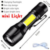 A black mini light flashlight with a yellow LED beam and a cord, showing its size and design features.