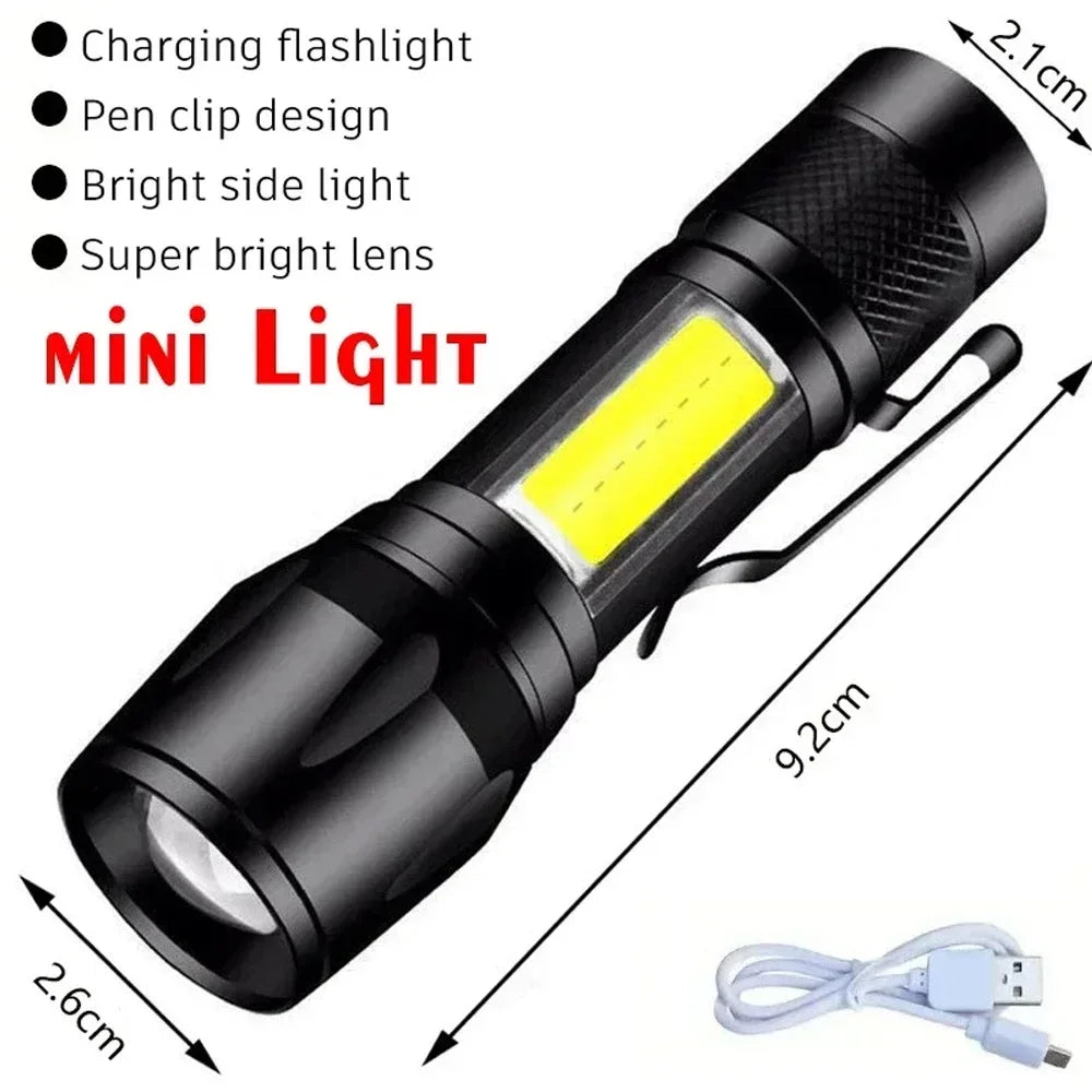 A black mini light flashlight with a yellow LED beam and a cord, showing its size and design features.