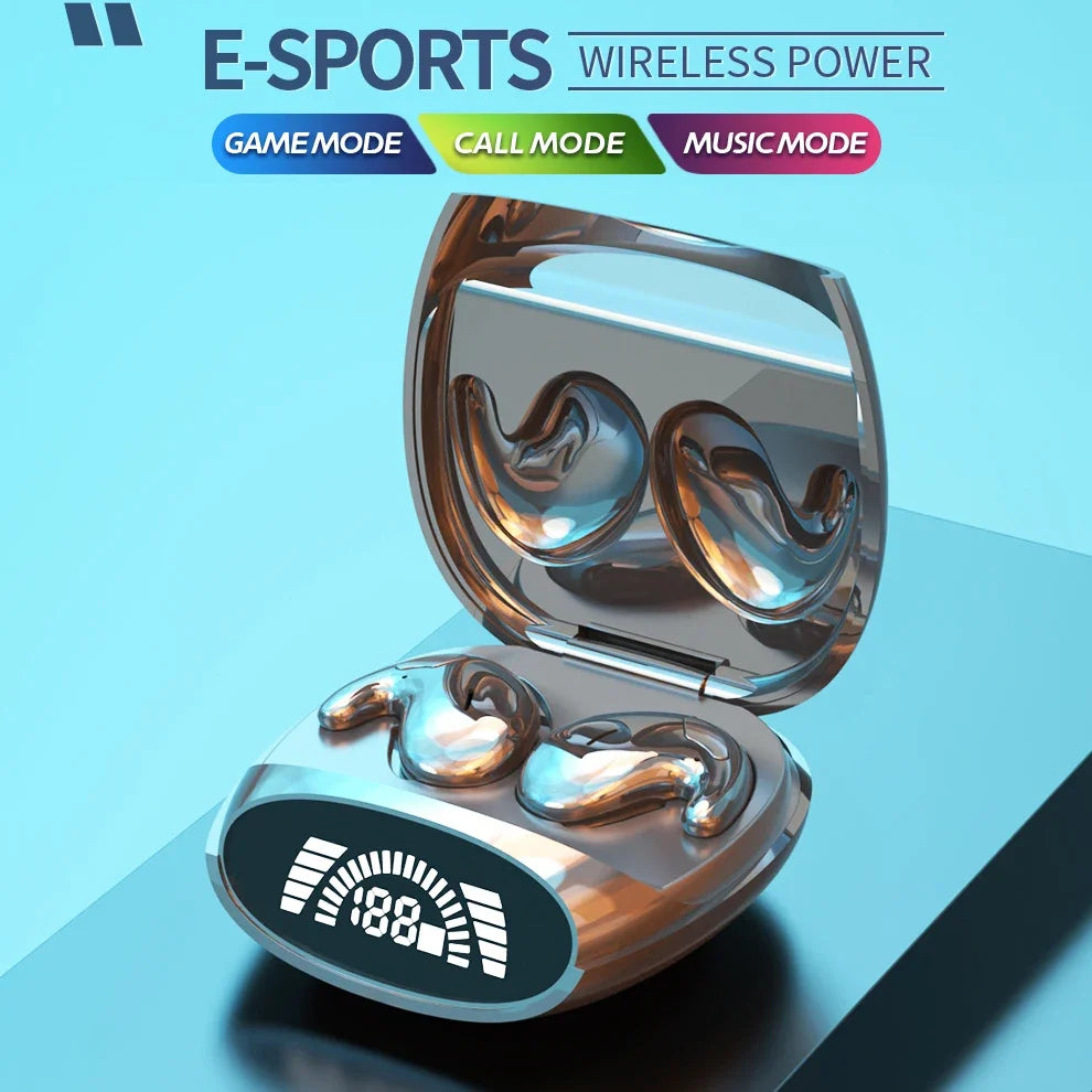 A pair of silver wireless earbuds with a protective case are shown, featuring options for game, call, and music modes.