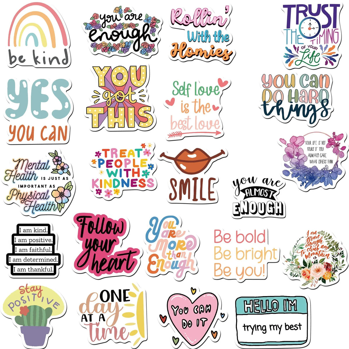 A collection of inspirational quote stickers featuring phrases like be kind yes you can and smile.