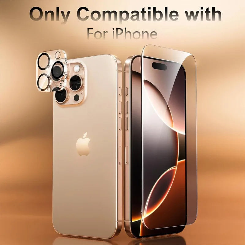 A close-up of a gold-colored iPhone with dual camera lens protectors installed on the screen.