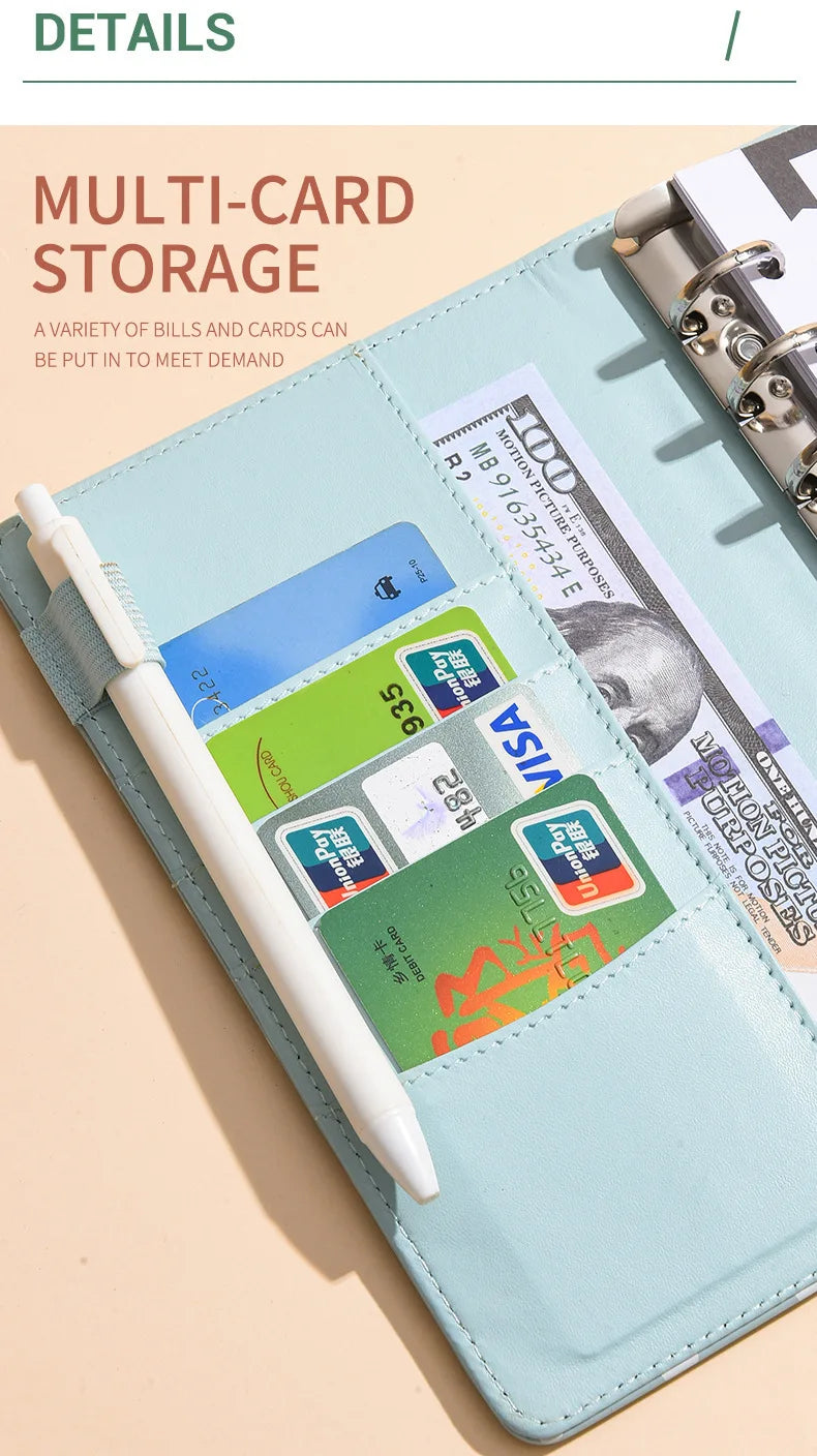 A light blue reusable PU leather binder showing various cards and bills stored in multiple pockets.