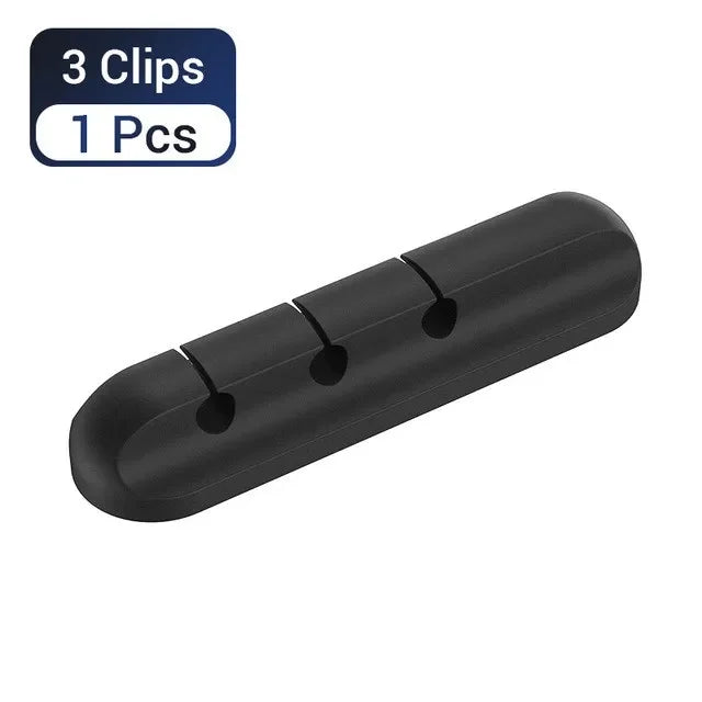 Black silicone cable organizer and winder set with three clips included