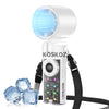 A white portable handheld mini fan with a blue light and cold compress is shown against a white background.