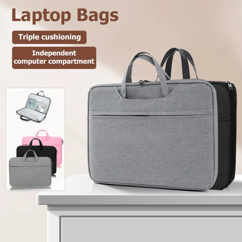 A gray laptop bag with a padded compartment and handles is displayed on a white surface.