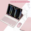 A pink iPad case with a built-in Bluetooth keyboard and mouse shown open on a white marble surface.
