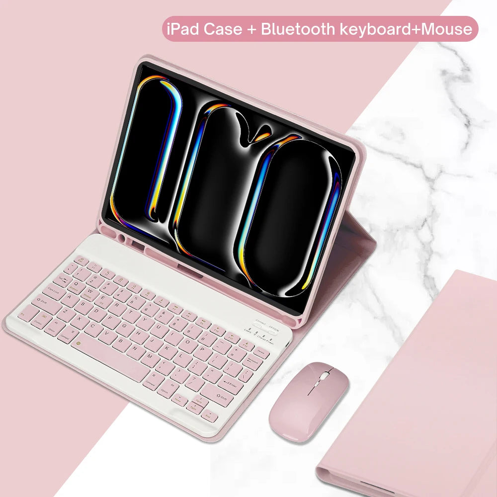 A pink iPad case with a built-in Bluetooth keyboard and mouse shown open on a white marble surface.