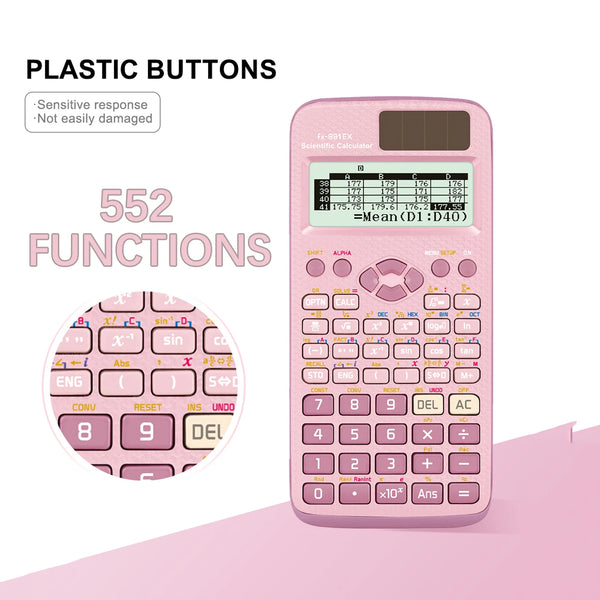 A pink scientific calculator displaying the equation =Mean(D:D40), with text indicating 552 functions.