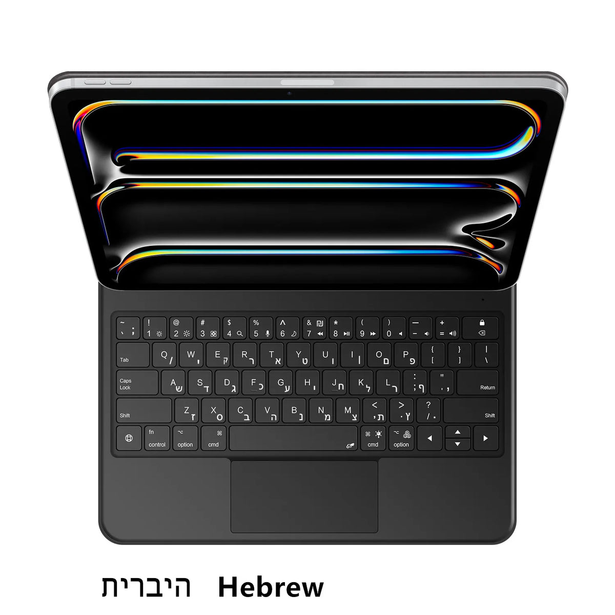 A black keyboard cover for an iPad displaying a colorful light spectrum on the screen.
