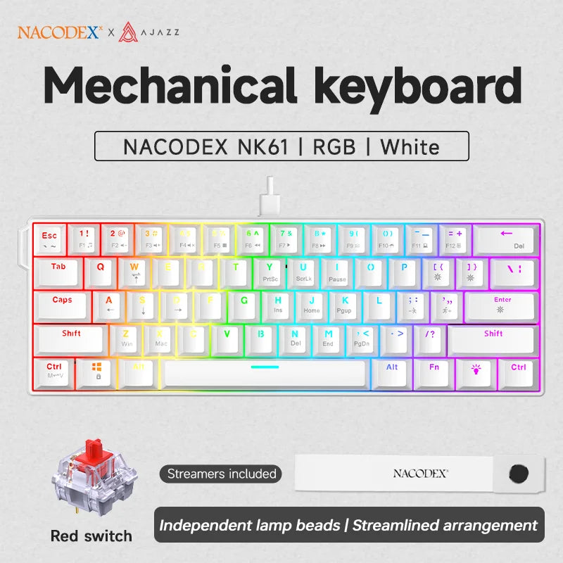 White mechanical keyboard with RGB lighting and red switch, featuring a streamlined arrangement.