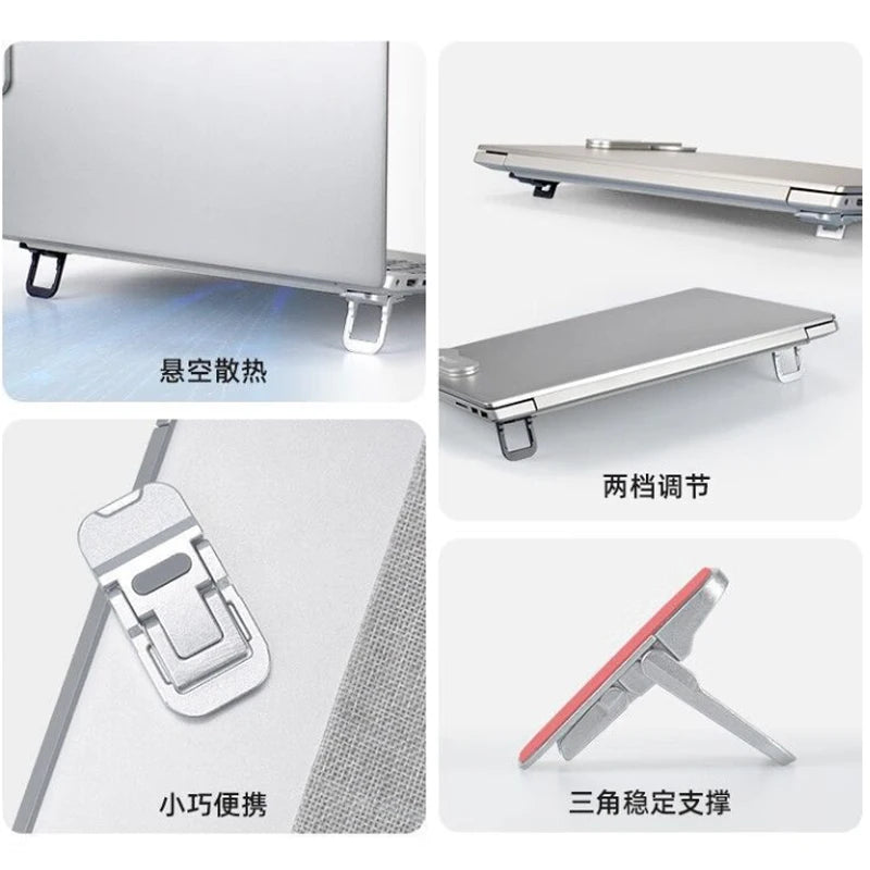 Portable aluminum alloy laptop stand showing various adjustable angles and mounting options