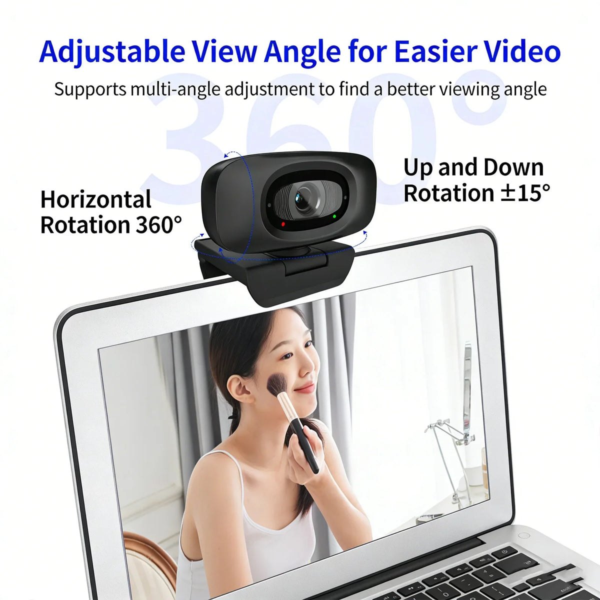 A black adjustable view angle camera is mounted on a laptop, demonstrating its multi-angle adjustment feature.