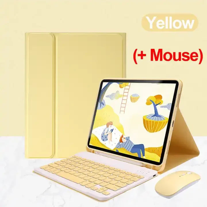 Geliges magnetisches Leder-Tastaturlätzchen und ein Tablet mit Maus auf weißem Untergrund.