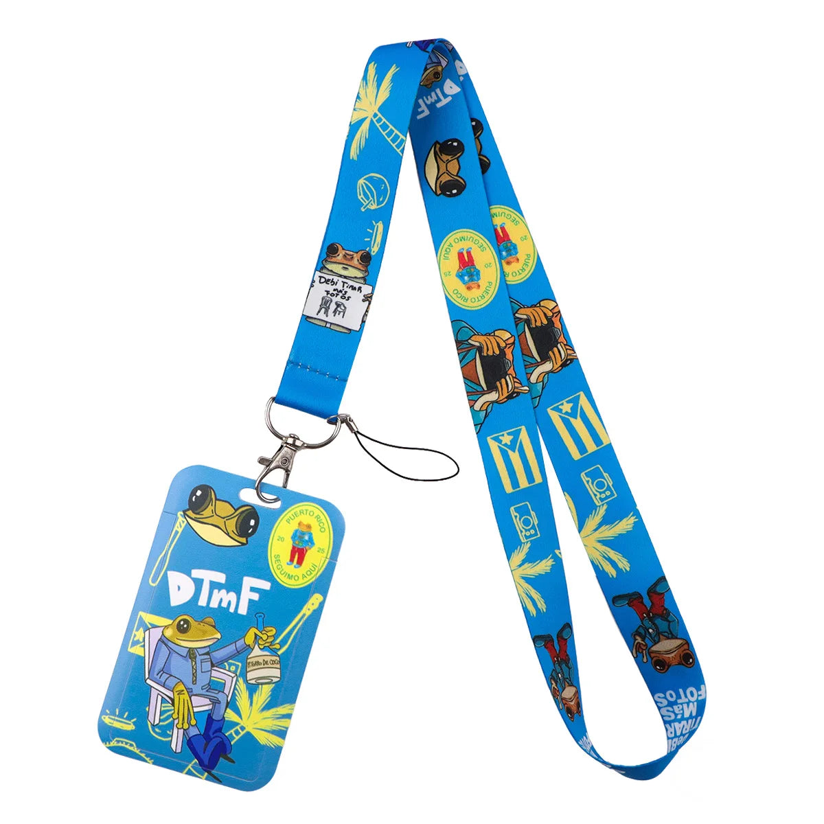 A blue lanyard with a charm featuring a cat and palm leaves, attached to a card holder.