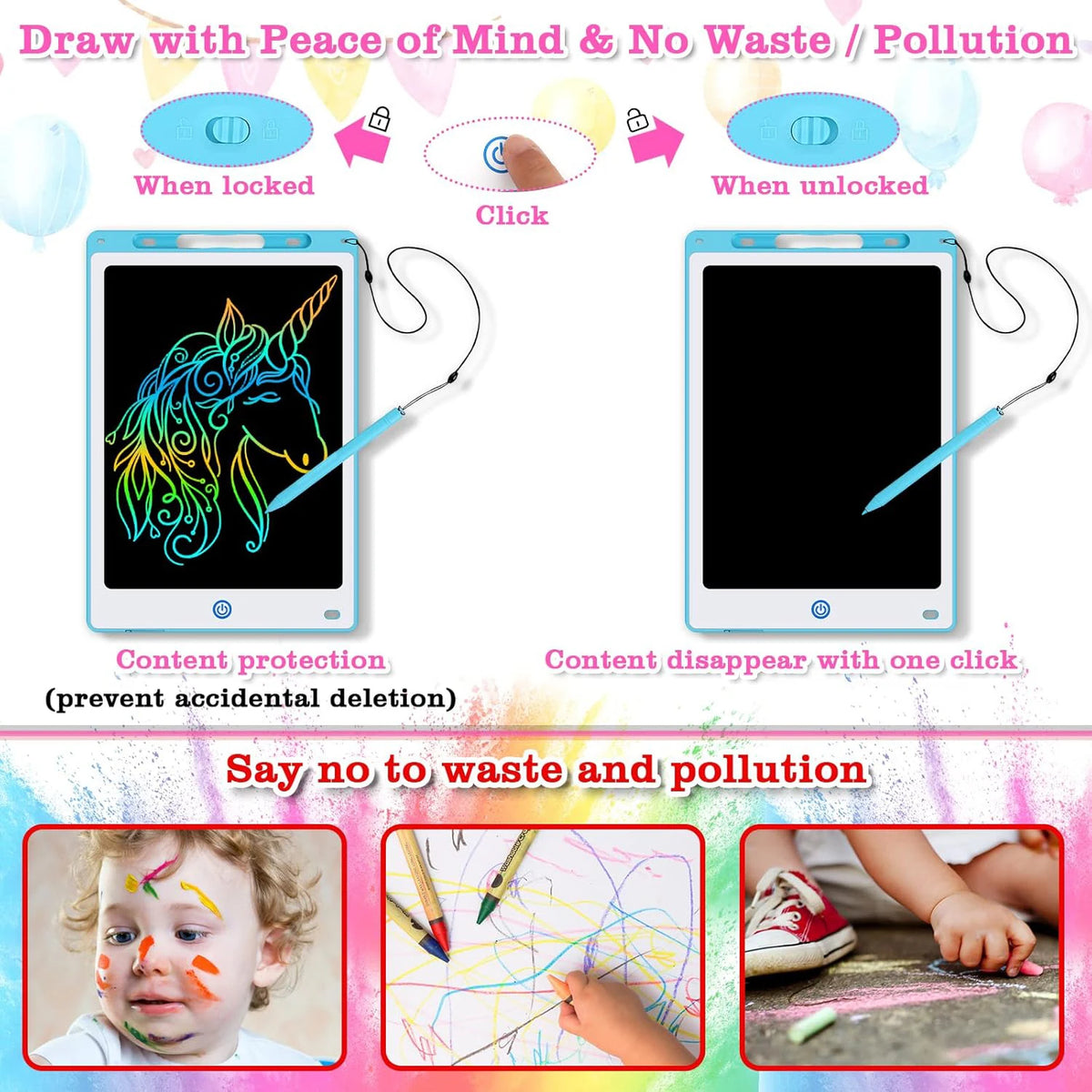 LCD Zeichen-Tablet für Kinder, das bunte Zeichnungen und Schreiben auf einem Bildschirm zeigt.