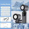 A portable rechargeable handheld cooling fan with an ice-blast component and a dual-core engine displayed against a snowy mou