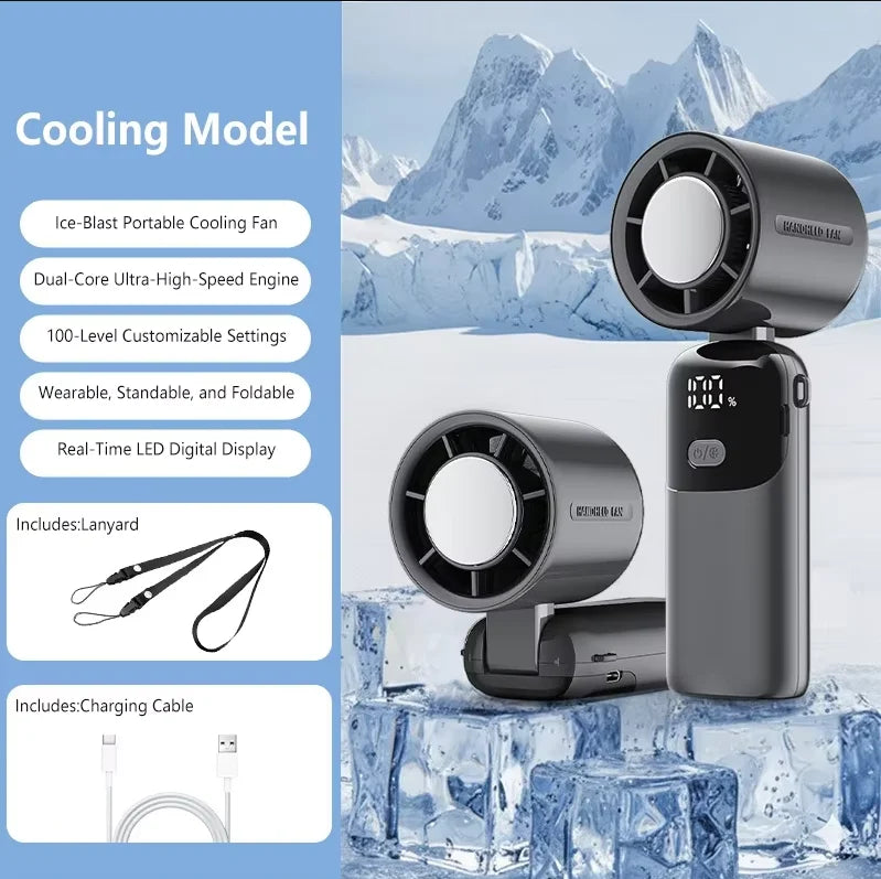 A portable rechargeable handheld cooling fan with an ice-blast component and a dual-core engine displayed against a snowy mou