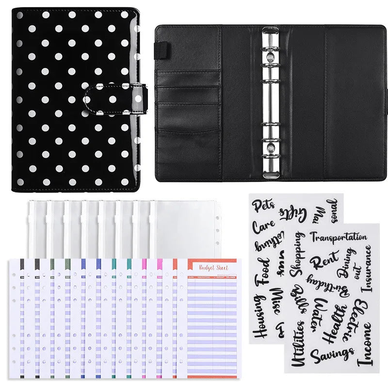 A black reusable PU leather binder featuring multiple cash pockets and a clear plastic sleeve.