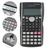 A black scientific calculator with a two-line display and various function buttons is shown.
