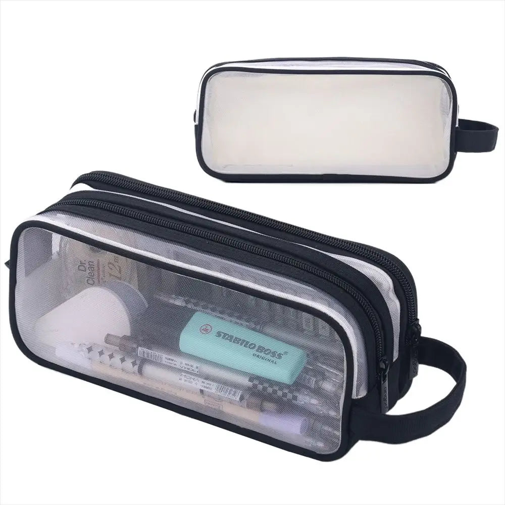 A clear purple transparent large capacity pencil case with a black strap is shown.