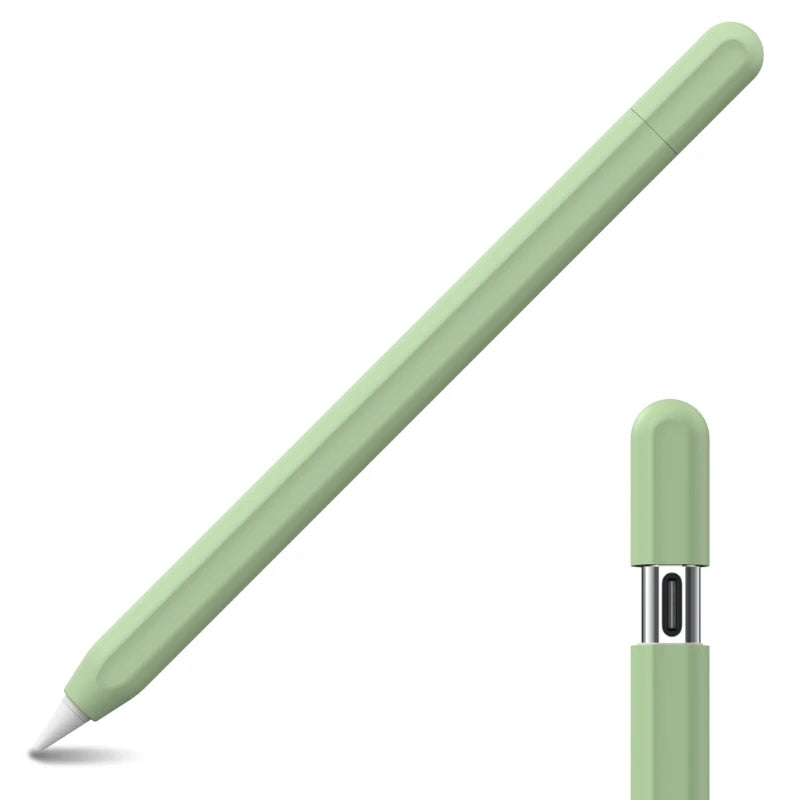 A light green silicone protective case for a pencil shown diagonally.