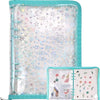 A clear plastic binder organizer for stickers with multiple storage pockets and a teal trim.