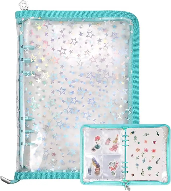 A clear plastic binder organizer for stickers with multiple storage pockets and a teal trim.