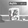 A clear plastic container filled with 50 metal staples for a mini reusable hand clamp stapler.