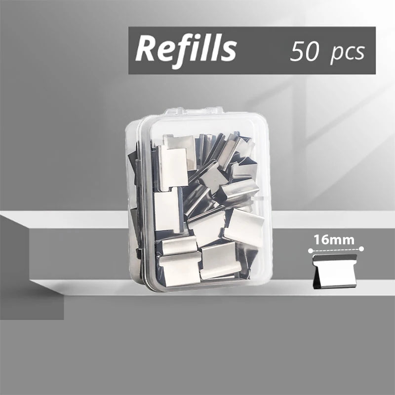 A clear plastic container filled with 50 metal staples for a mini reusable hand clamp stapler.