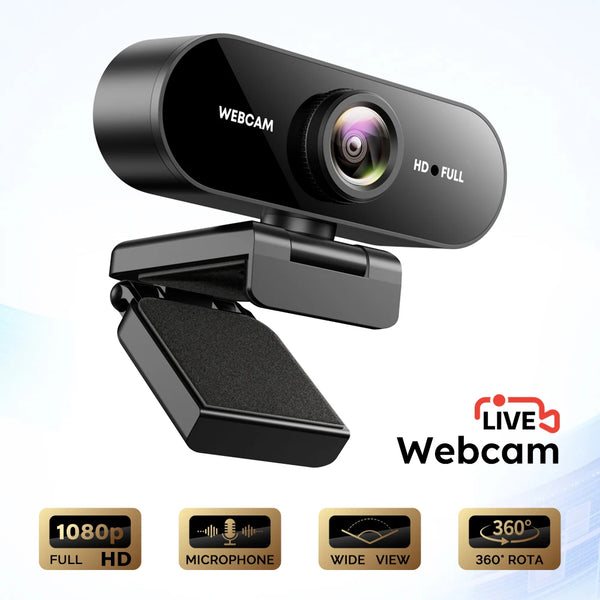 Black 1080P FHD webcam with built-in microphone and 360 degree rotation feature