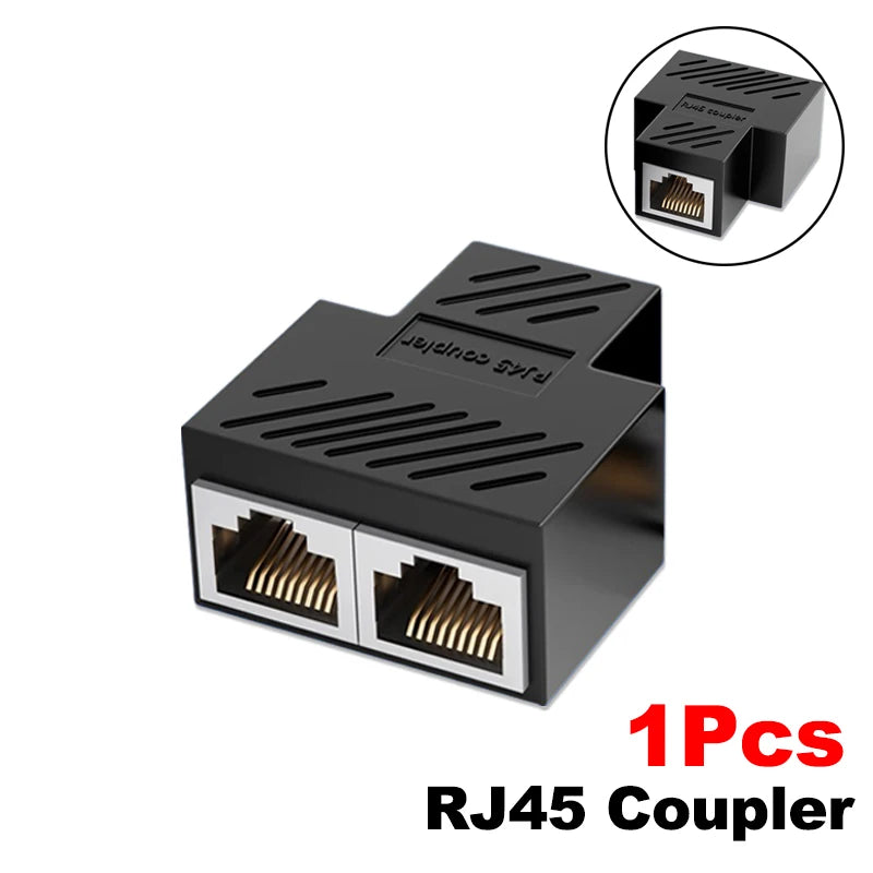 A black dual RJ45 coupler adapter with female connectors and a protective housing.